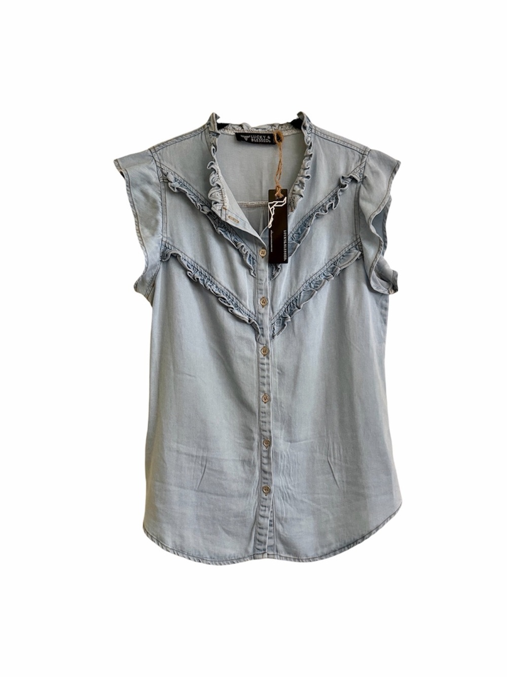 LUCKY & BLESSED, NWT, LIGHT-WASH DENIM BLOUSE. SIZE M - Picture 3 of 12